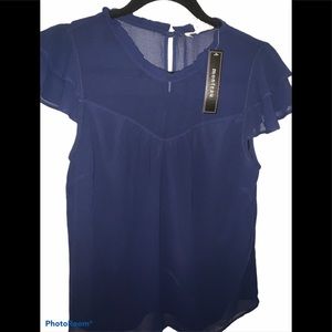 Monteau Navy Blouse with Scallop Sleeves L